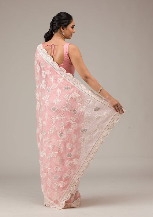 Baby Pink Threadwork Organza Saree