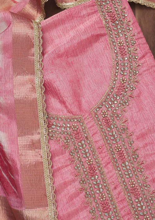 Baby Pink Zariwork Art Silk Unstitched Salwar Suit