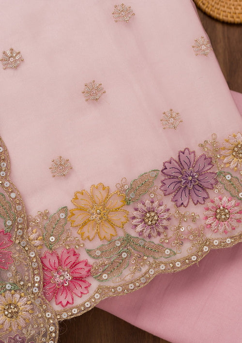 Baby Pink Zariwork Semi Crepe Unstitched Salwar Suit