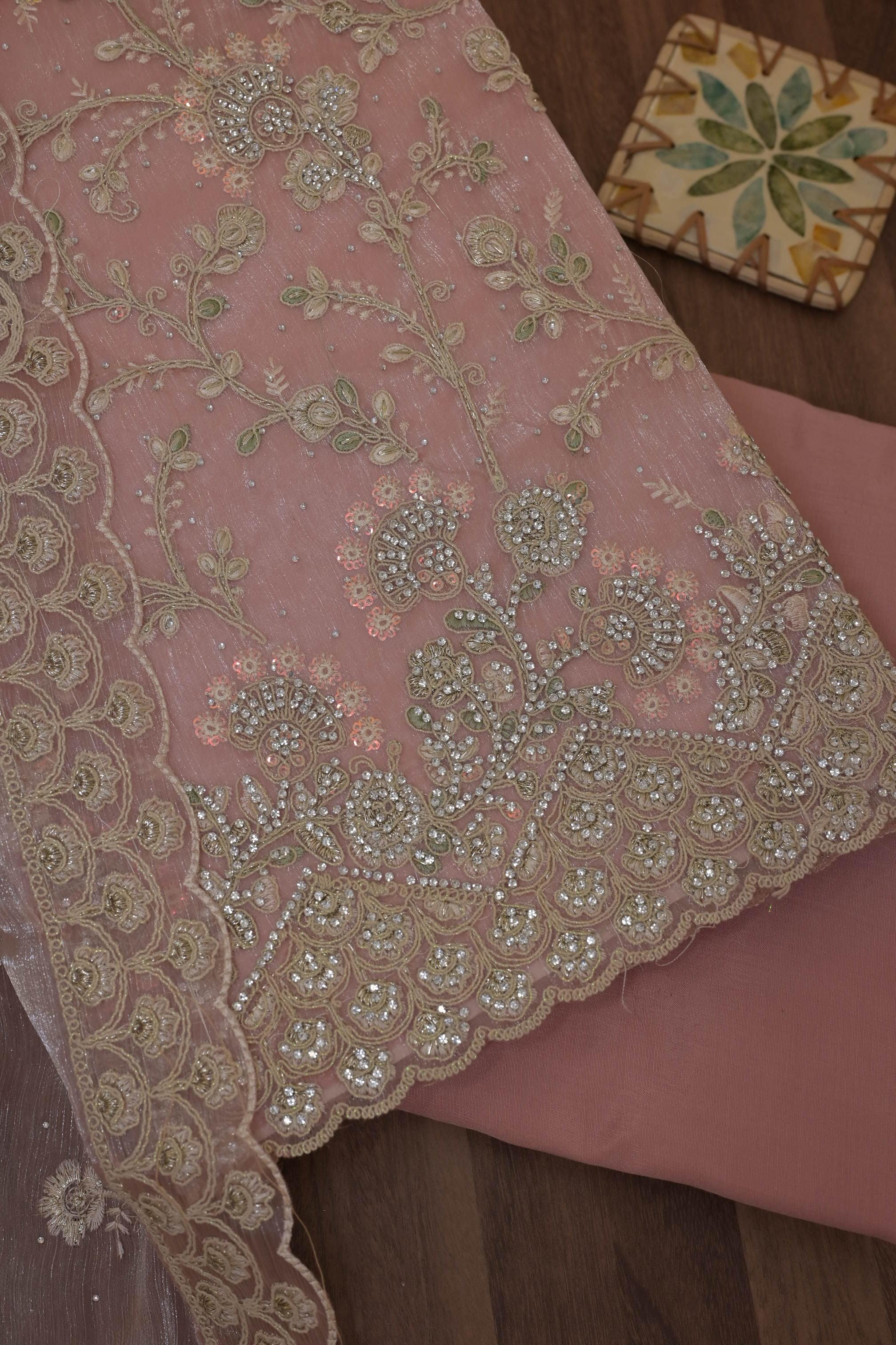 Baby Pink Zariwork Semi Crepe Unstitched Salwar Suit