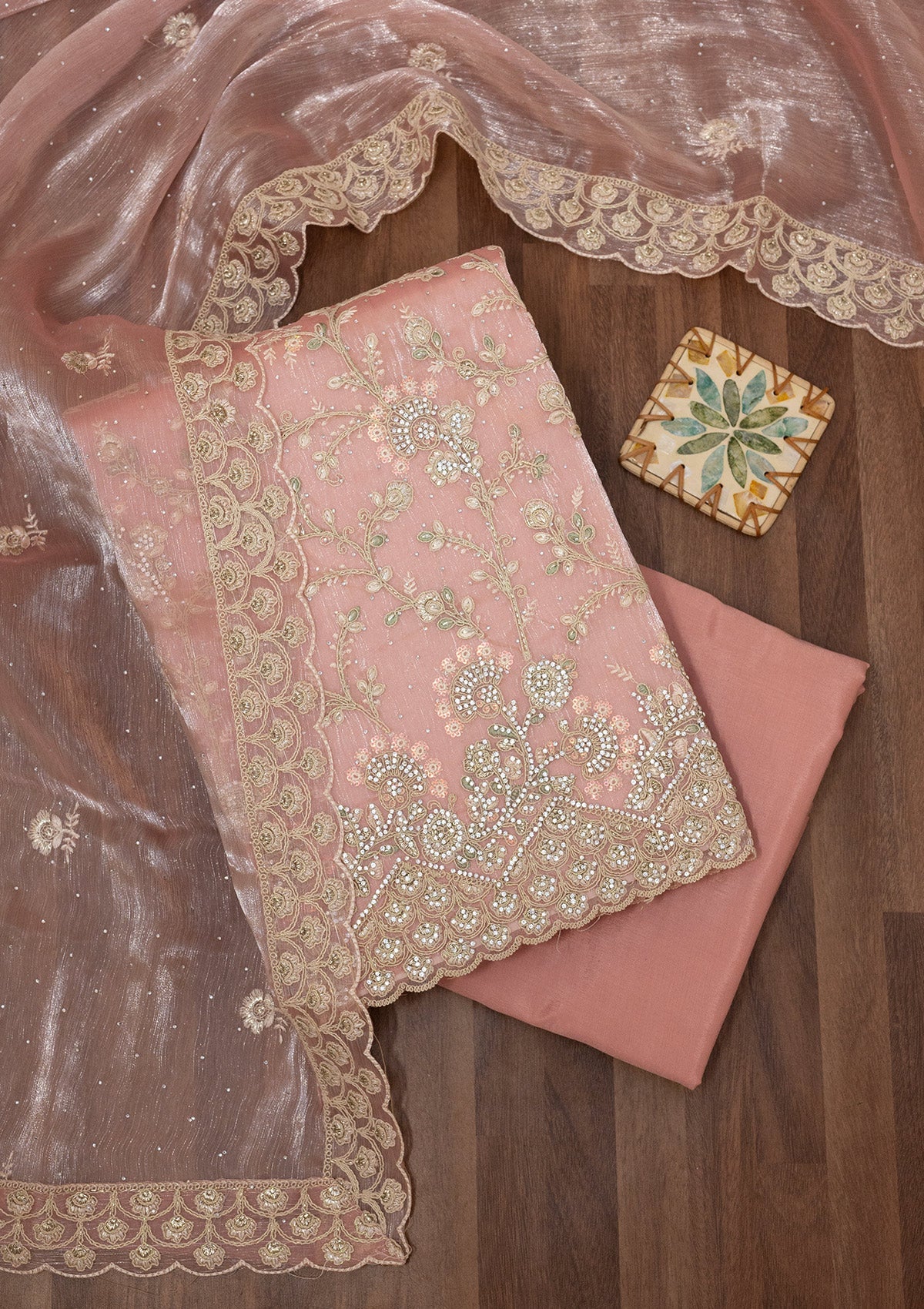 Baby Pink Zariwork Semi Crepe Unstitched Salwar Suit