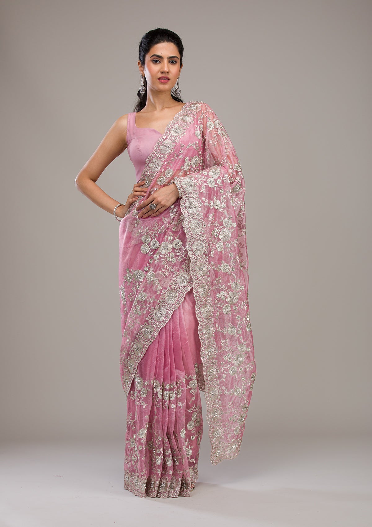 Baby Pink Zariwork Tissue Saree