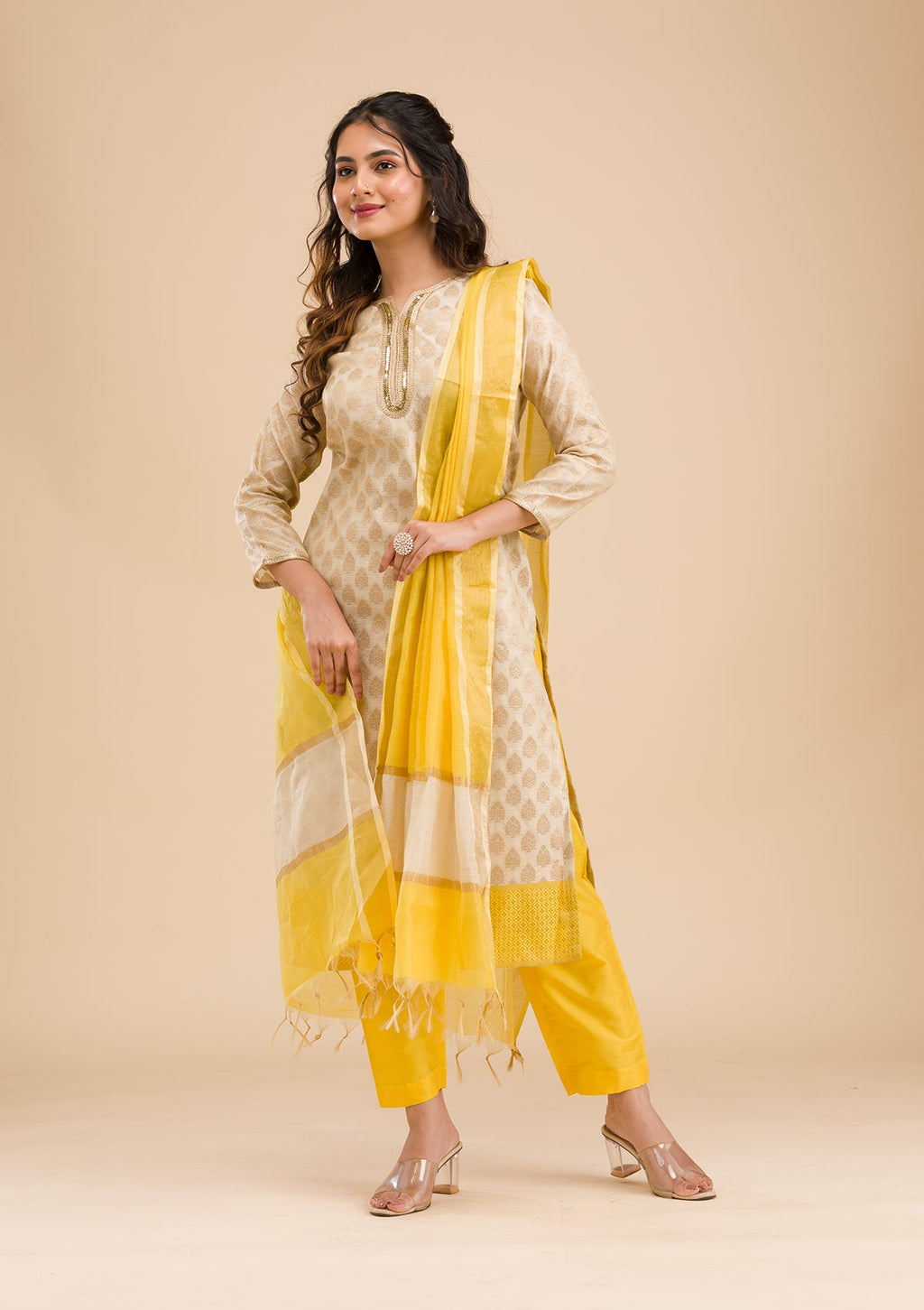 Beige Banarasi Cotton Readymade Salwar Suit