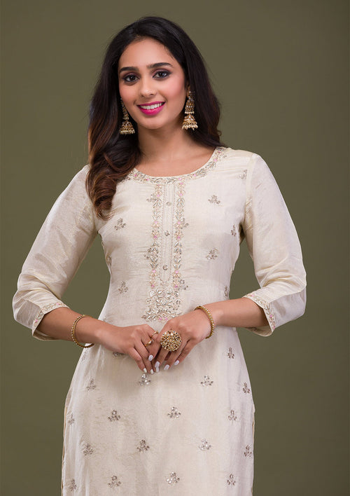 Beige Gotapatti Art Silk Readymade Salwar Suit