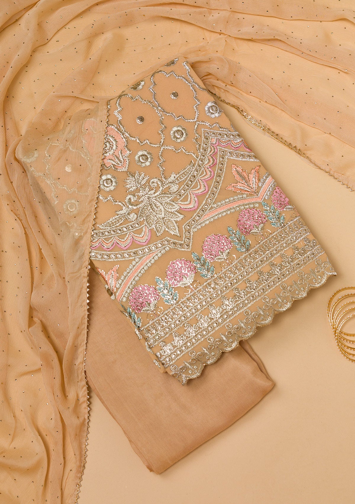 Beige Print Tissue Unstitched Salwar Suit