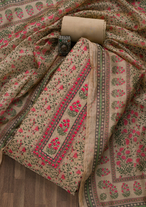 Beige Printed Chanderi Unstitched Salwar Suit