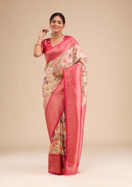 Beige Printed Soft Silk Saree