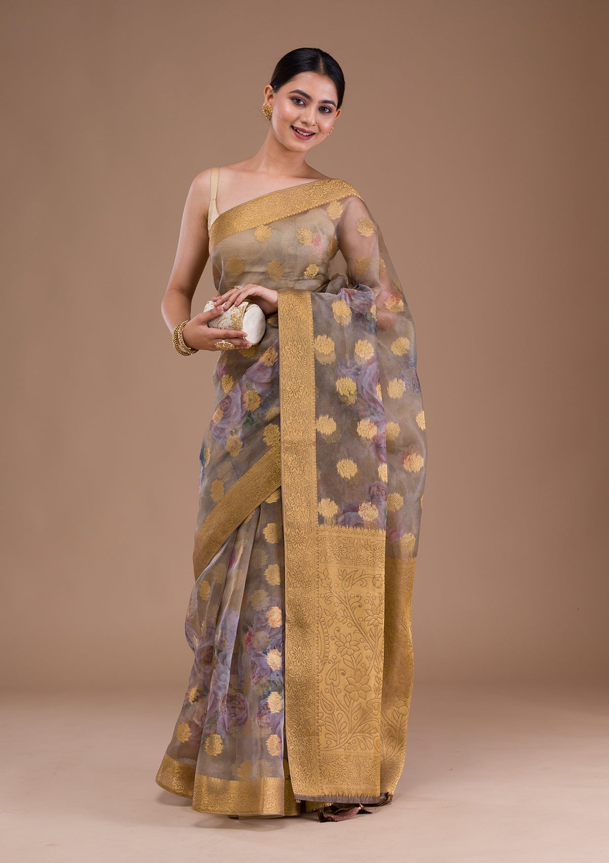 Beige Printed Tissue Saree