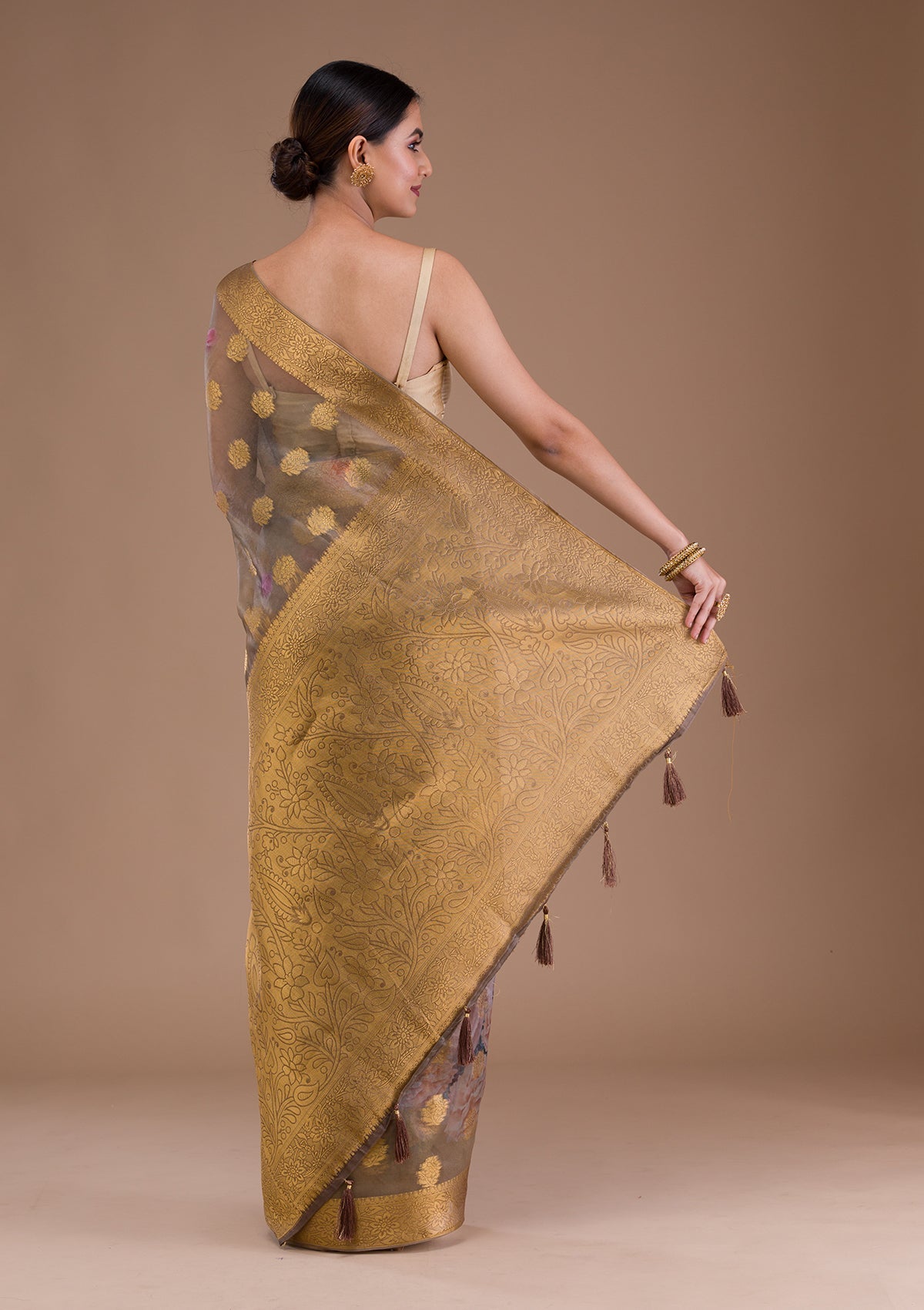 Beige Printed Tissue Saree