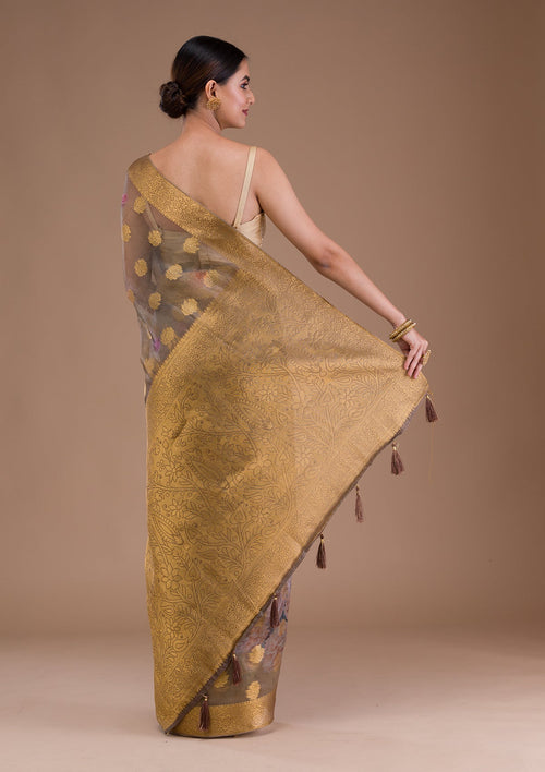 Beige Printed Tissue Saree