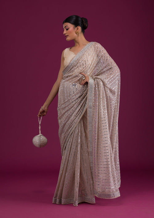 Beige Sequins Net Designer Saree