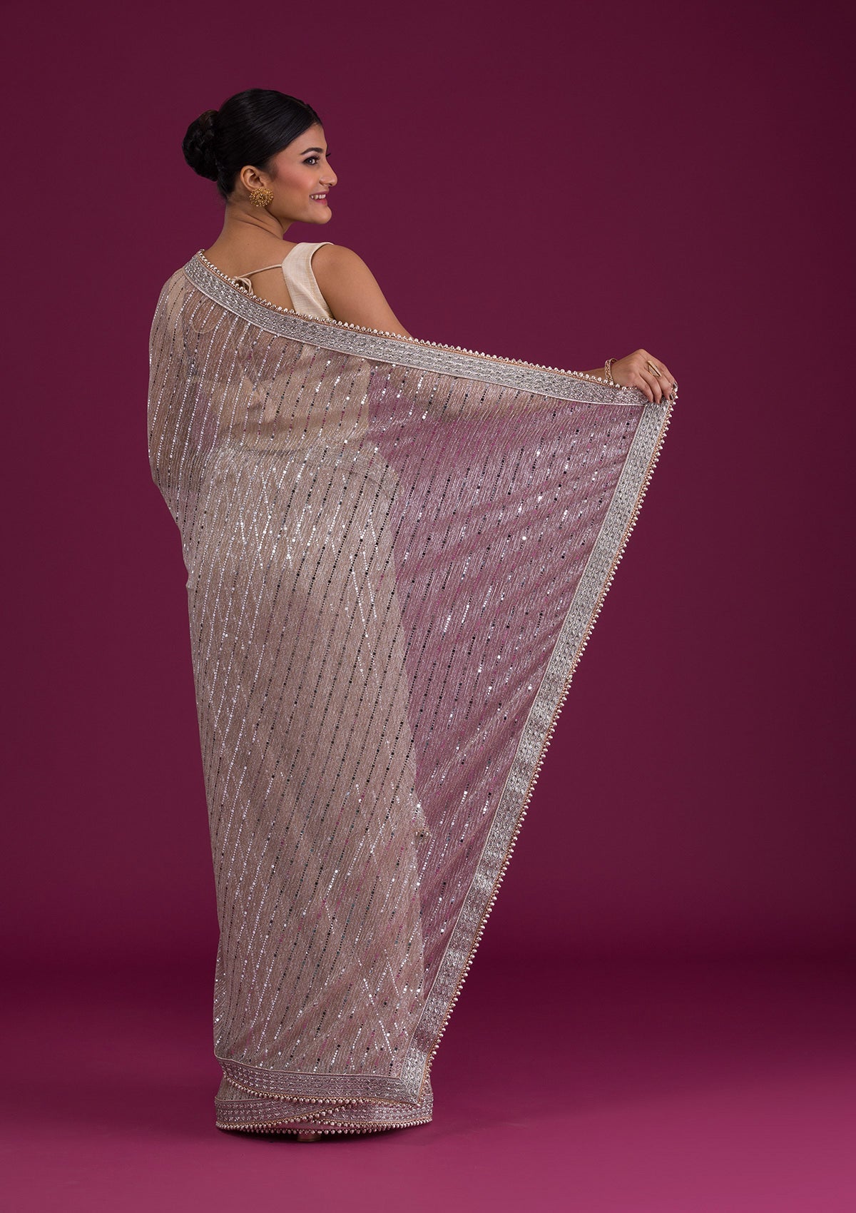 Beige Sequins Net Designer Saree