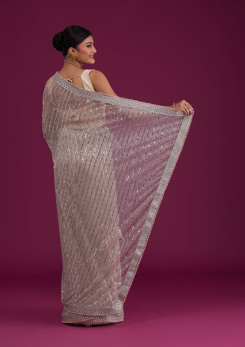 Beige Sequins Net Designer Saree