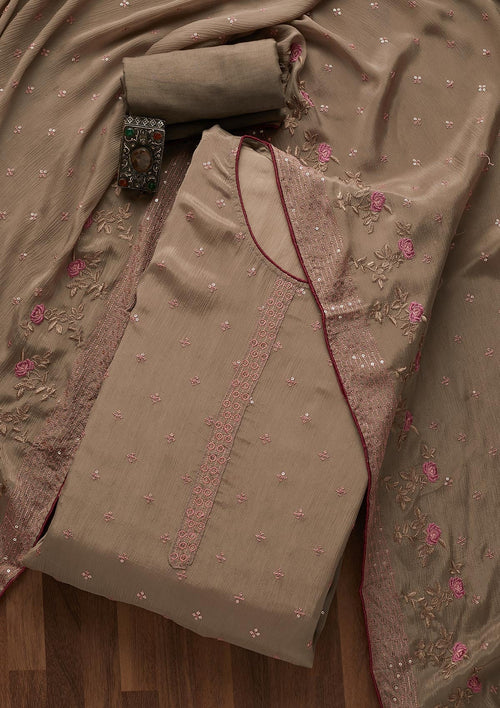 Beige Sequins Semi Crepe Semi-Stitched Salwar Suit