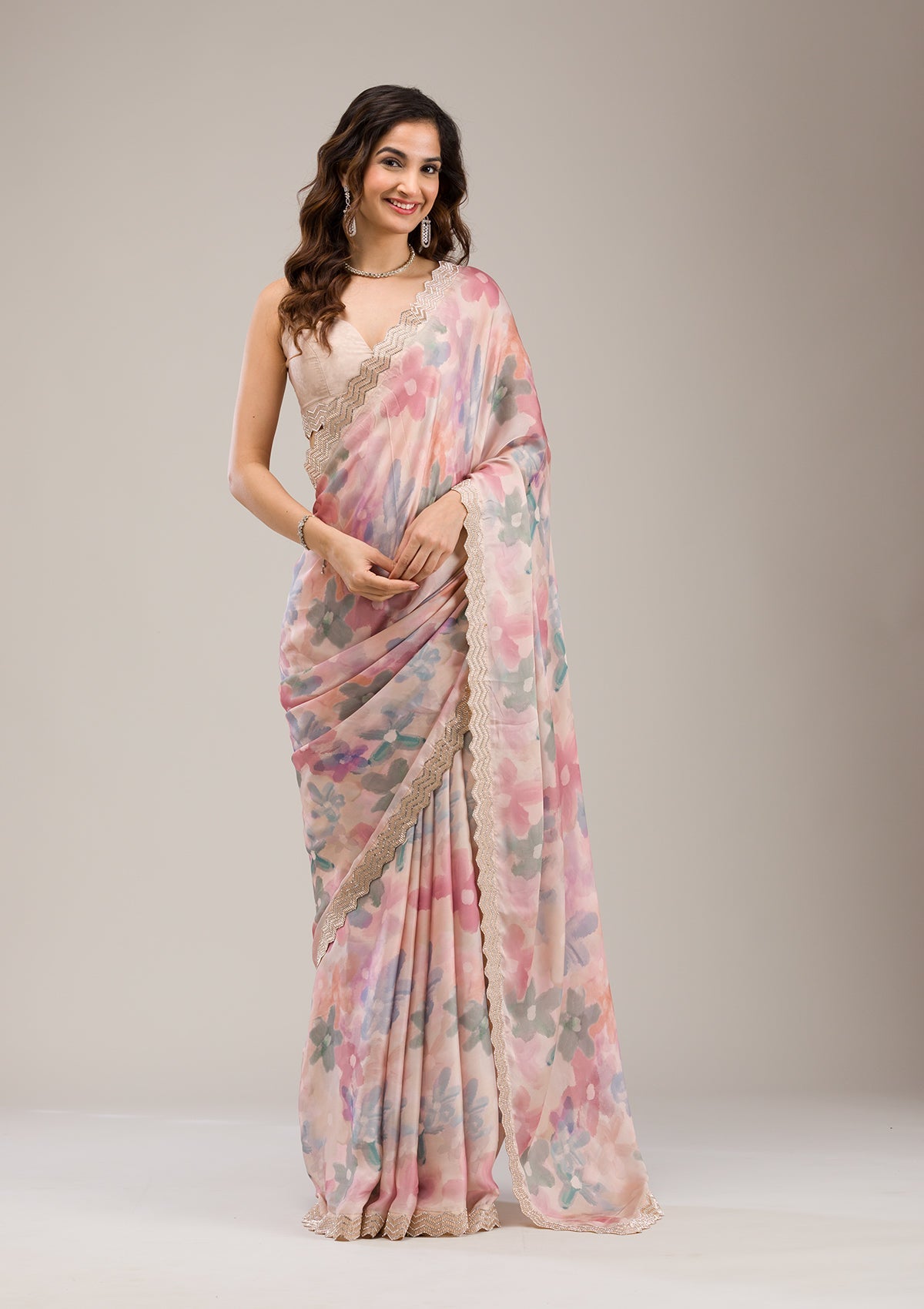 Beige Cutdana Satin Saree