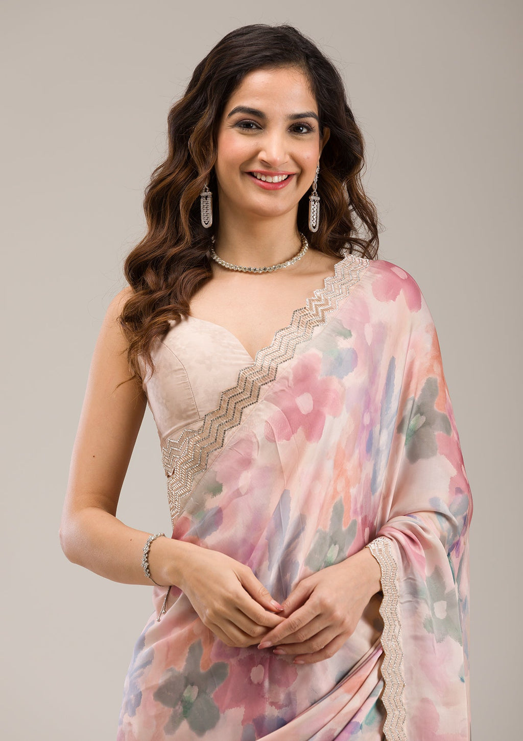 Beige Cutdana Satin Saree