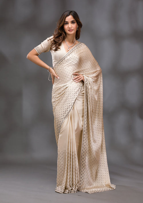 Beige Stonework (Silver) Semi Crepe Saree