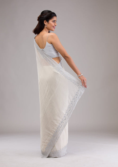 Beige Threadwork Georgette Saree