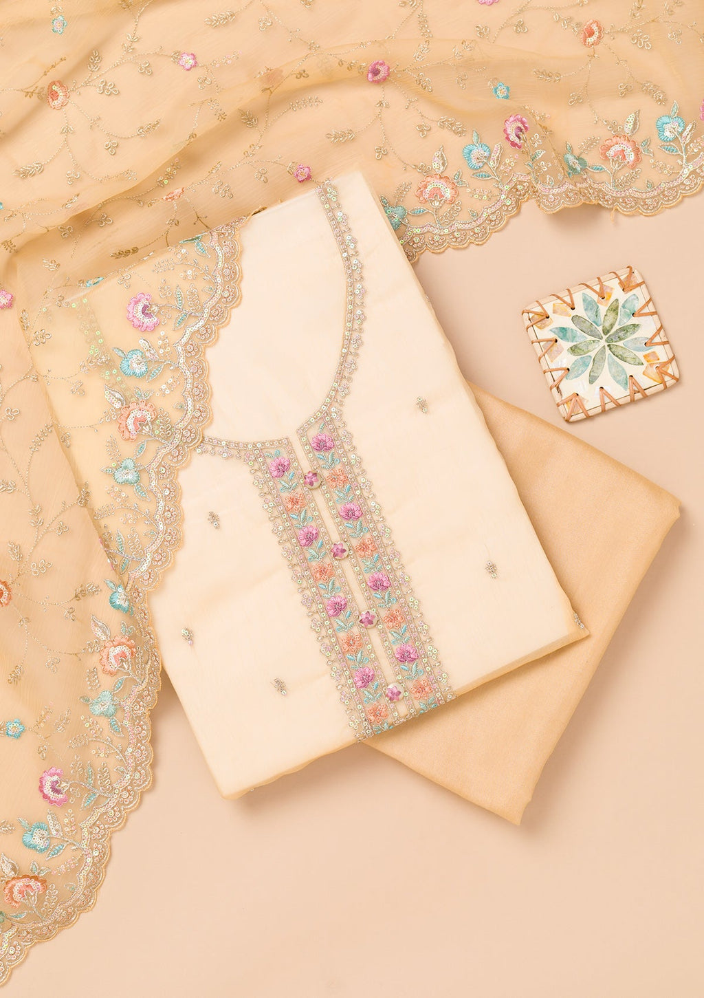 Beige Threadwork Organza Unstitched Salwar Suit