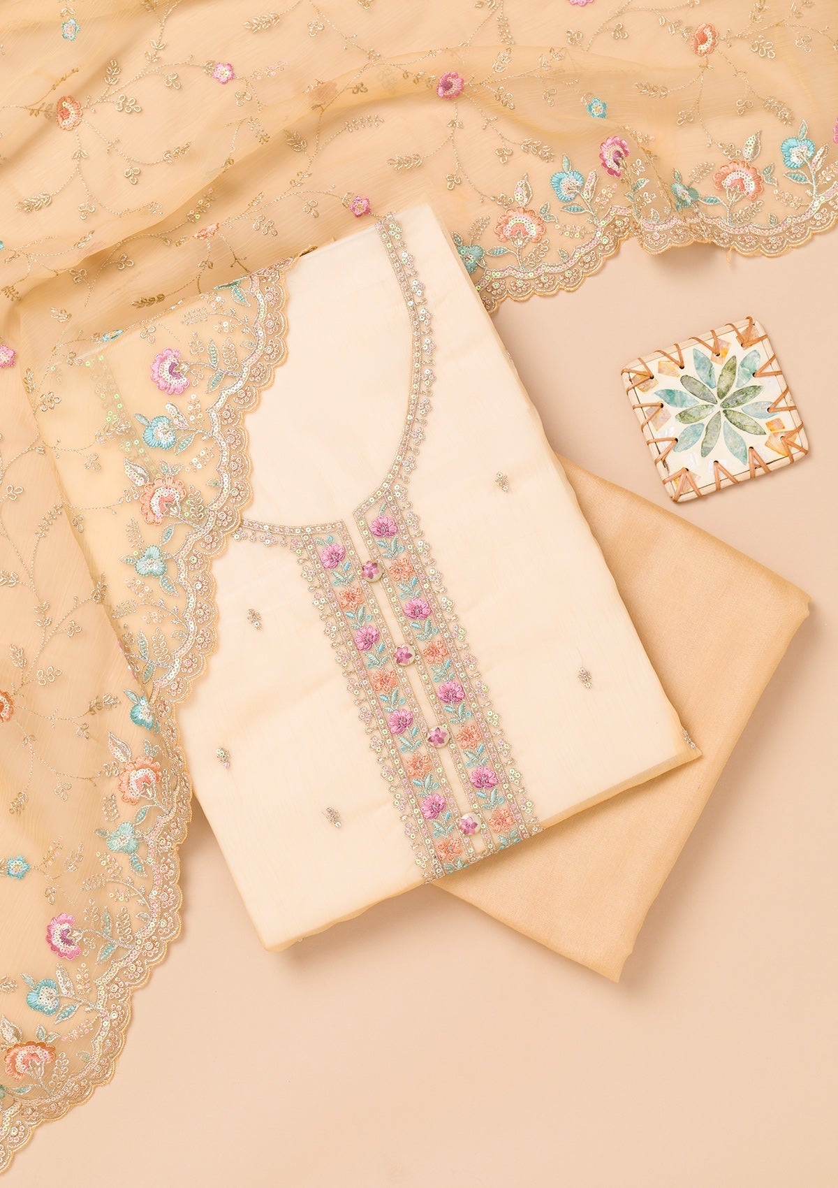 Beige Threadwork Organza Unstitched Salwar Suit