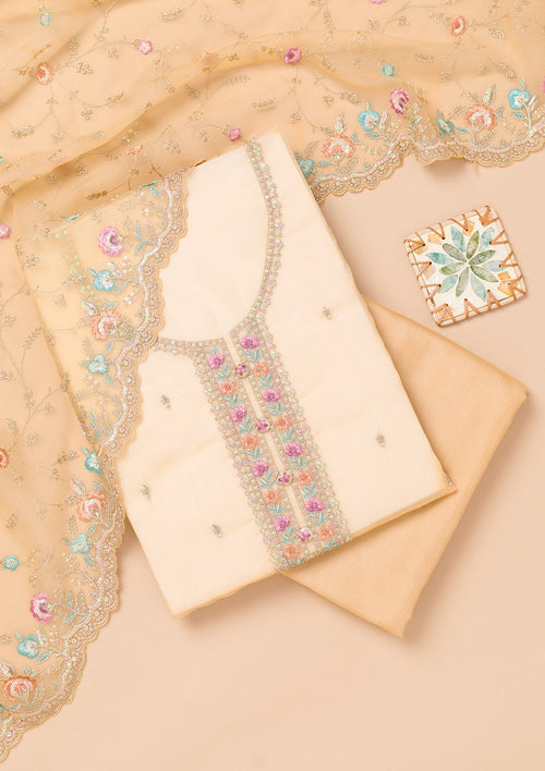 Beige Threadwork Organza Unstitched Salwar Suit