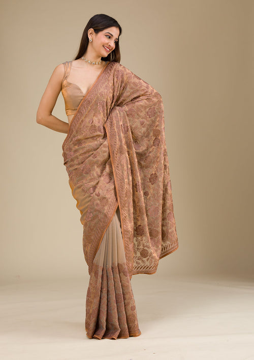 Beige Threadwork Tissue Saree