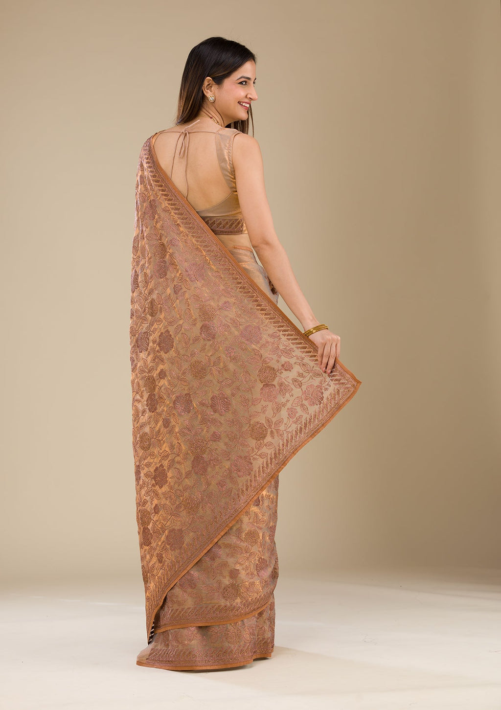 Beige Threadwork Tissue Saree