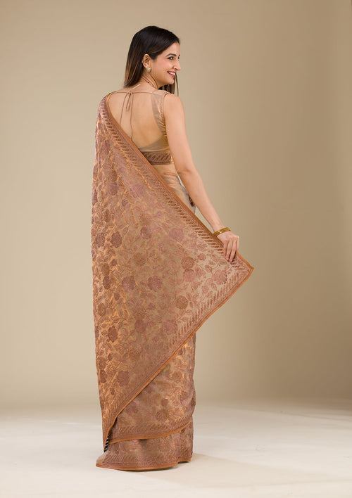 Beige Threadwork Tissue Saree