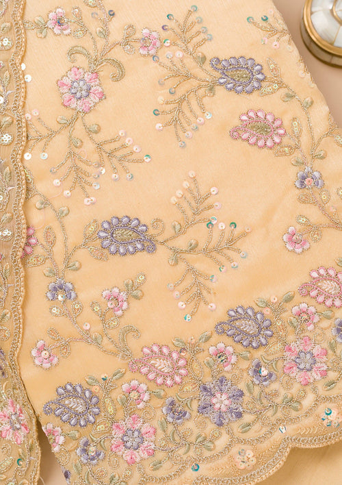 Beige Threadwork Semi Crepe Unstitched Salwar Suit