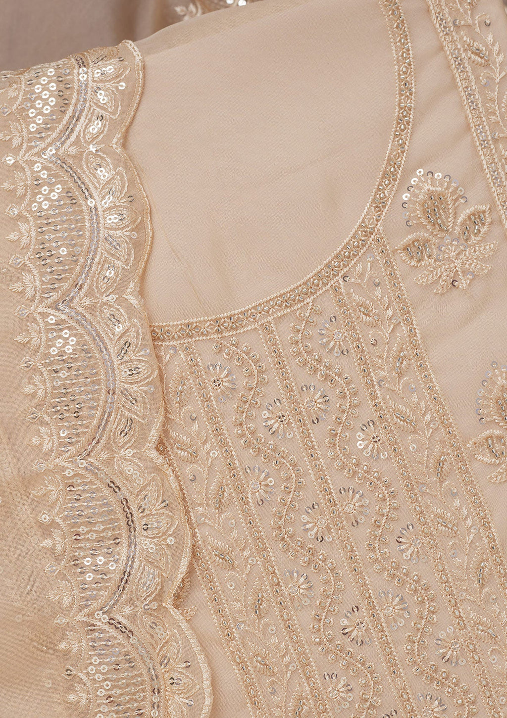 Beige Threadwork Semi Crepe Unstitched Salwar Suit