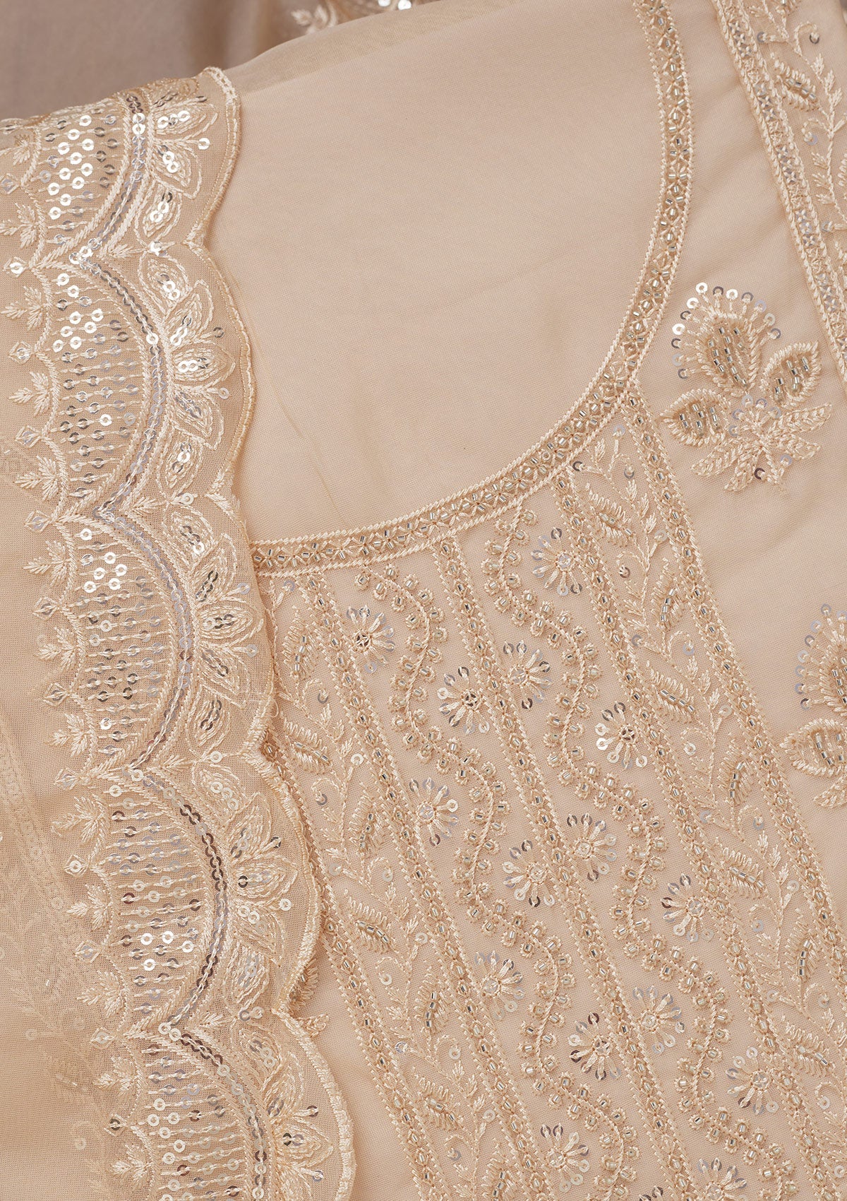 Beige Threadwork Semi Crepe Unstitched Salwar Suit