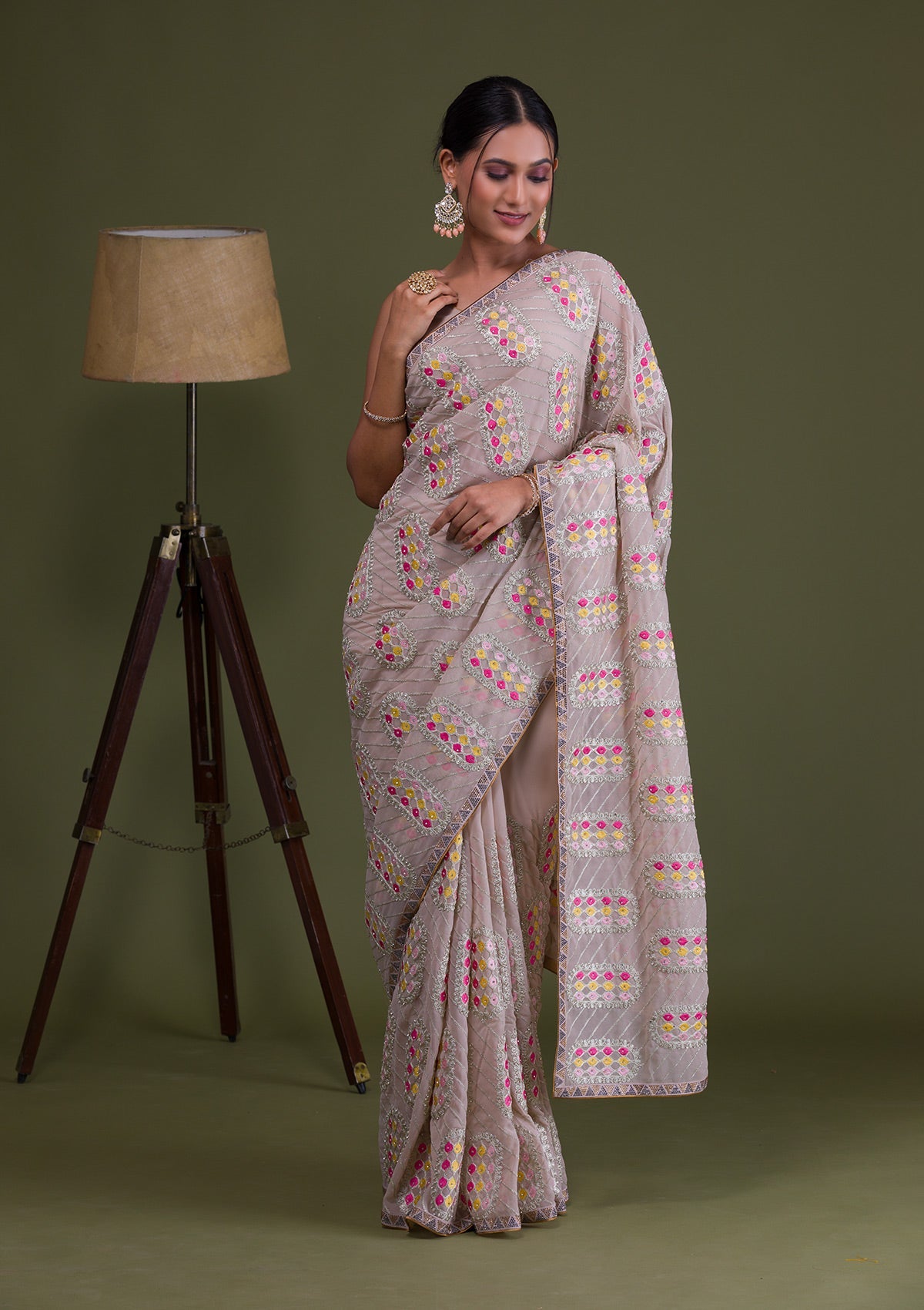 Beige Zariwork Georgette Designer Saree