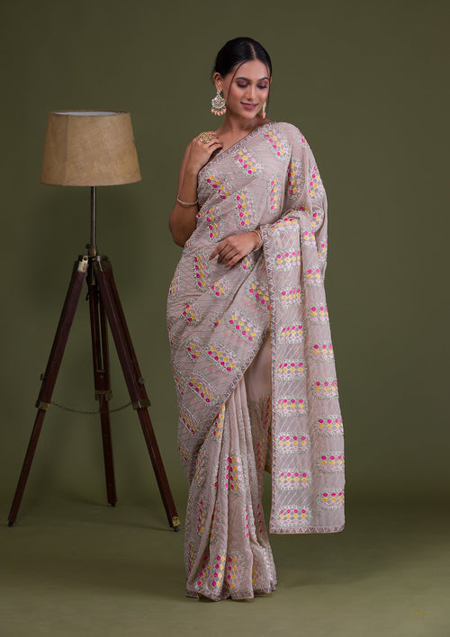 Beige Zariwork Georgette Designer Saree