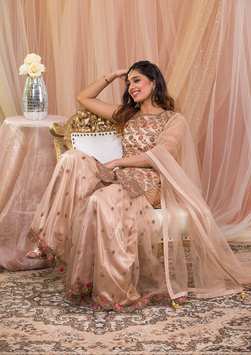 Beige Zariwork Net Readymade Salwar Suit