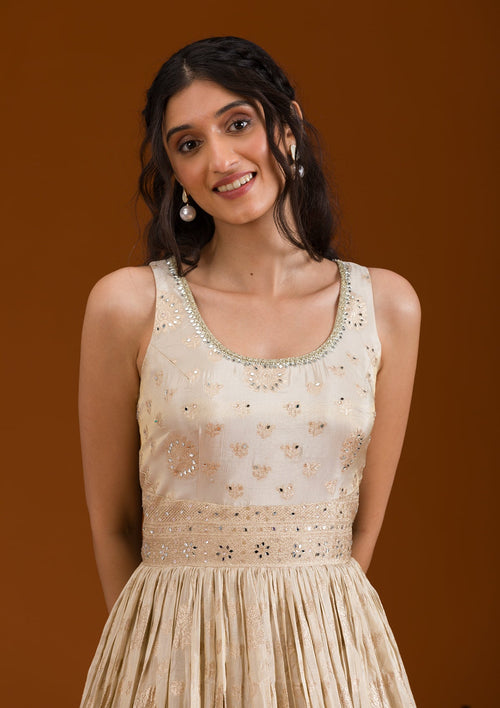 Beige Zariwork Semi Crepe Readymade Salwar Suit