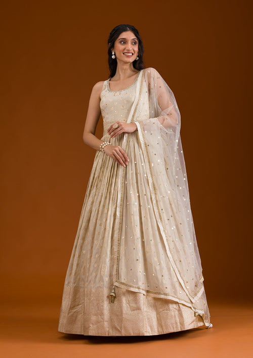 Beige Zariwork Semi Crepe Readymade Salwar Suit