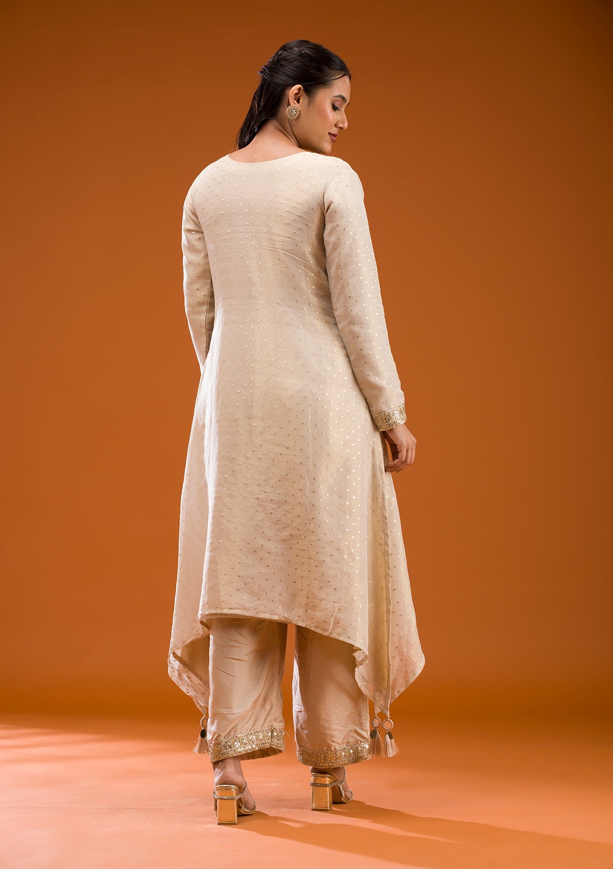 Beige Zariwork Semi Crepe Readymade Salwar Suit