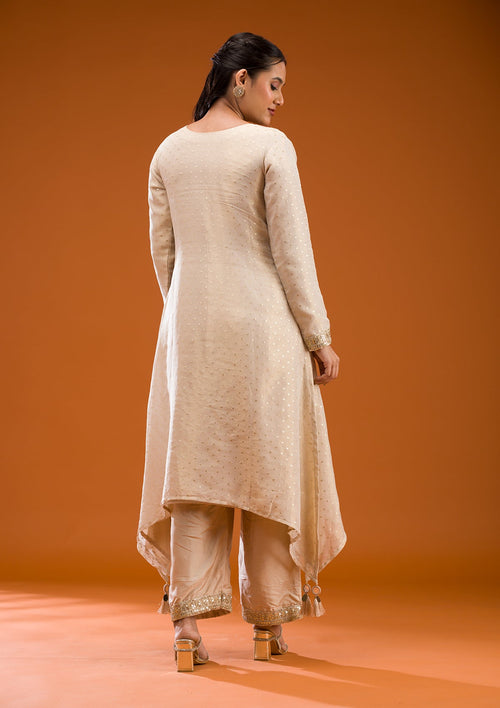 Beige Zariwork Semi Crepe Readymade Salwar Suit