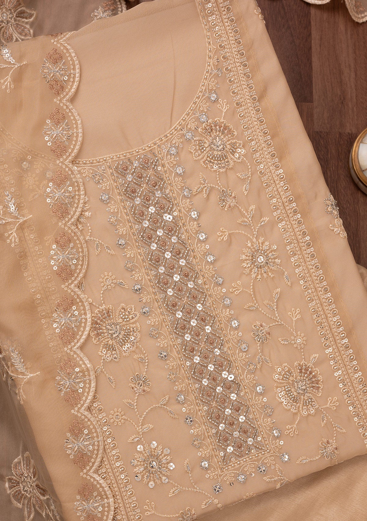 Beige Zariwork Semi Crepe Unstitched Salwar Suit