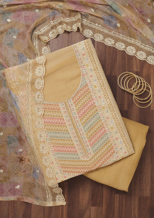 Beige Zariwork Semi Crepe Unstitched Salwar Suit