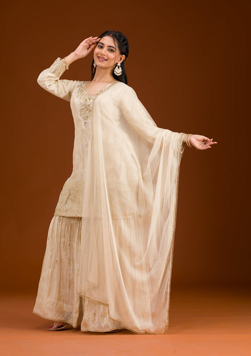 Beige Zariwork Tissue Readymade Salwar Suit