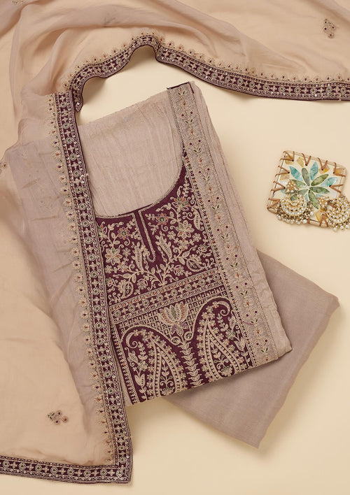 Beige Zariwork Tissue Unstitched Salwar Suit