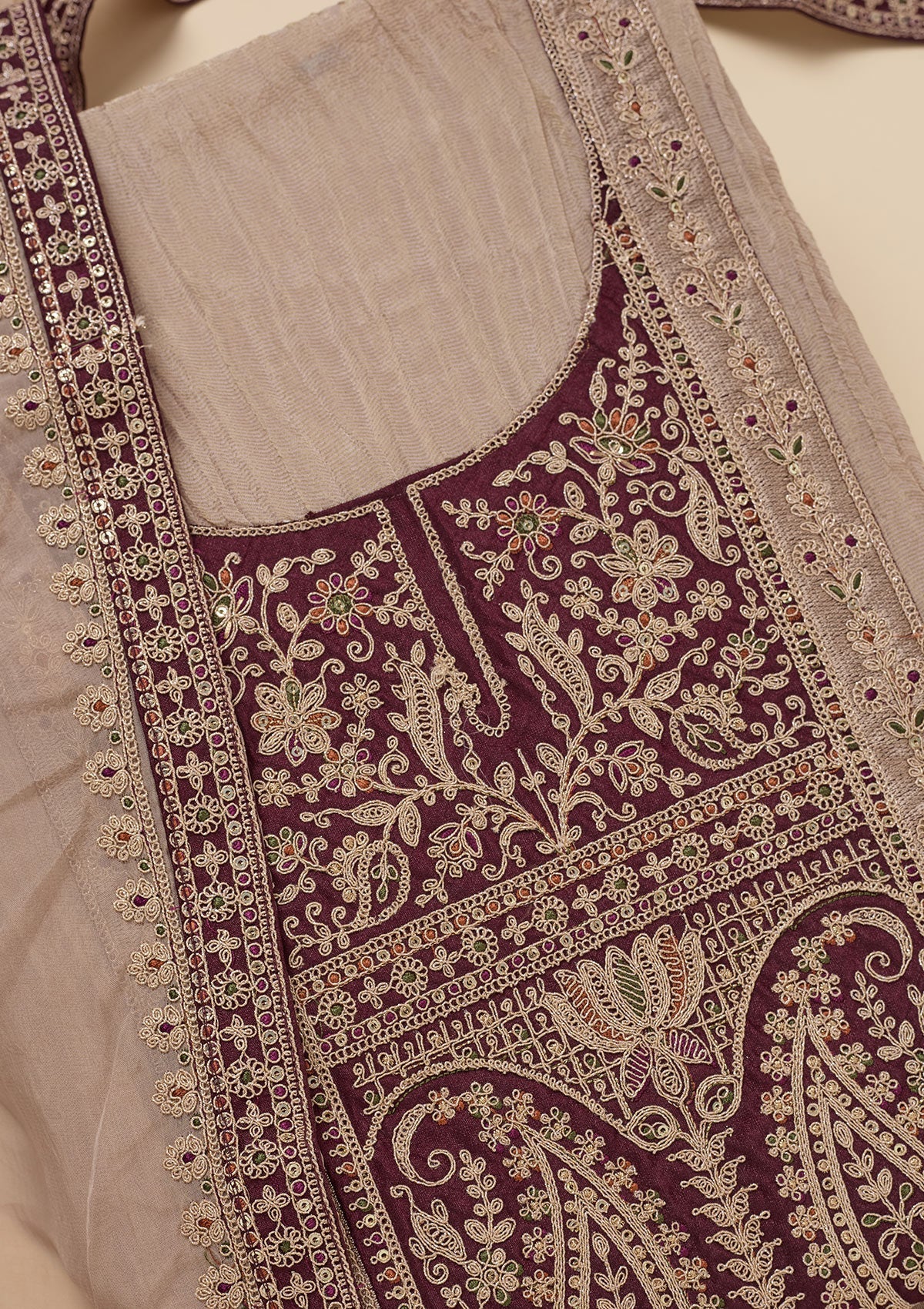 Beige Zariwork Tissue Unstitched Salwar Suit
