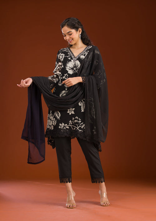 Black Cutdana Semi Crepe Readymade Salwar Suit