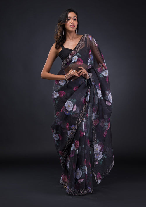 Black Floral Organza Saree