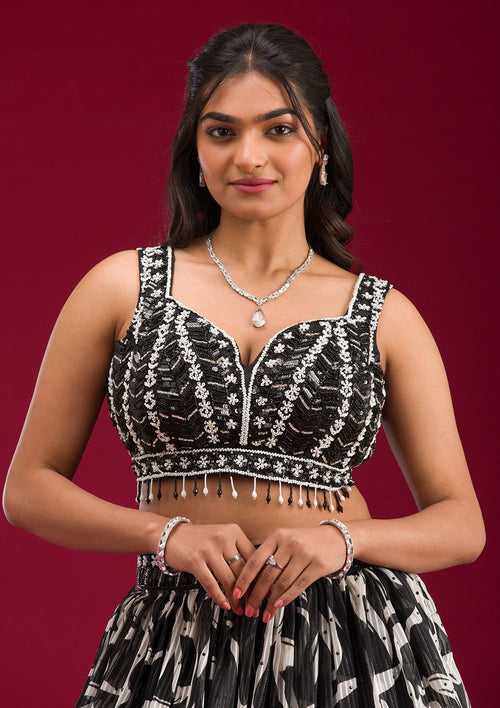 Black Printed Semi Crepe Readymade Lehenga