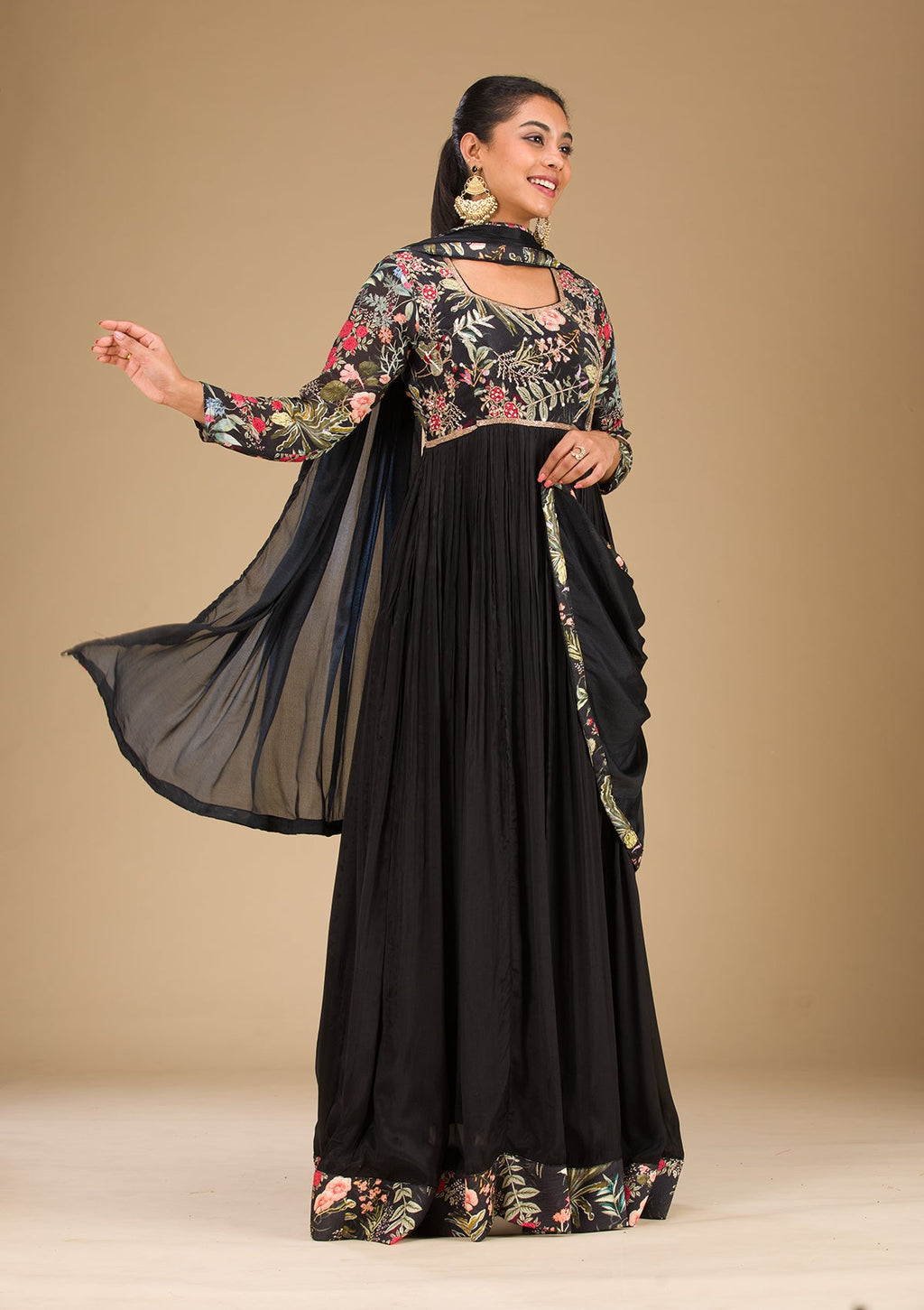 Black Printed Semi Crepe Readymade Salwar Suit