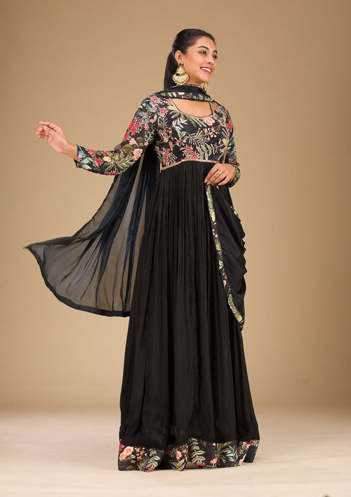 Black Printed Semi Crepe Readymade Salwar Suit
