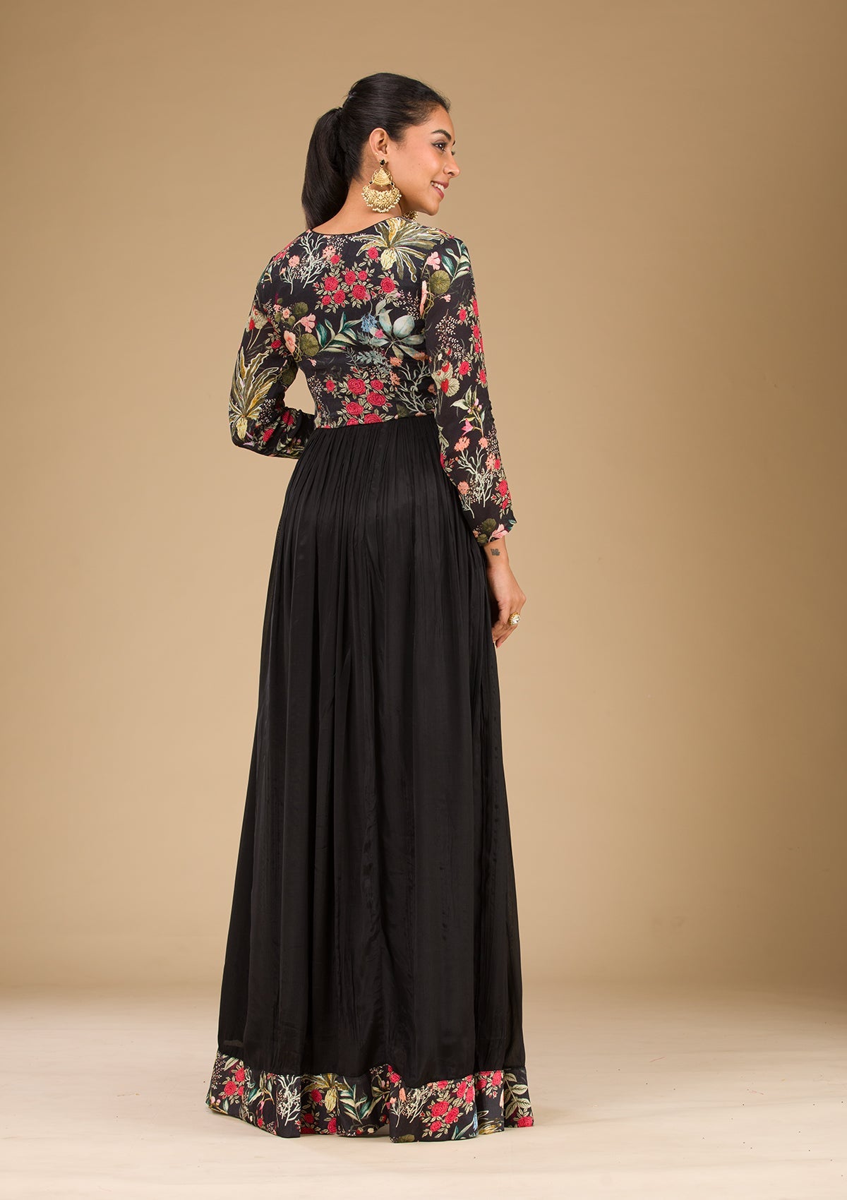 Black Printed Semi Crepe Readymade Salwar Suit