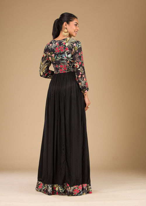Black Printed Semi Crepe Readymade Salwar Suit